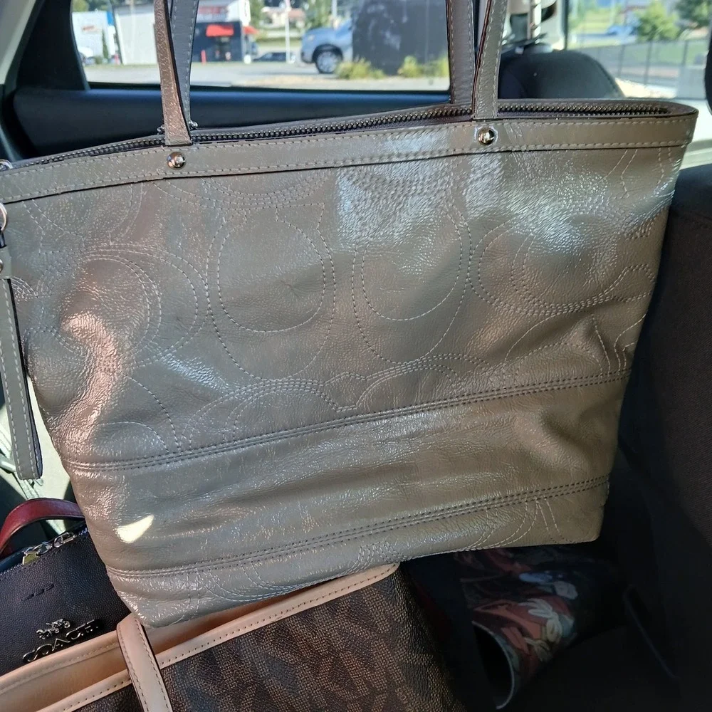 Coach Preowned Signature C Metallic Gray Purse Handbag Stitched Logo & Hang Tag